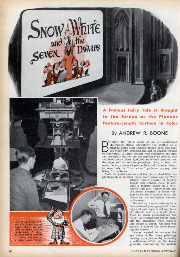 One of the special cameras used to photograph figures drawn on celluloid against a painted background. At right, an animator is drawing a cartoon character as a helper poses for him.