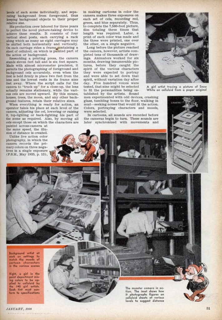 A girl artist tracing a picture of Snow White on celluloid from a paper original. Background artist at work on settings to match the moods of cartoon characters in the various scenes Right, a girl in the paint deportment mixing colors to be applied to celluloid by the 140 girl artists. Each tint must conform to specifications. The monster camera in action. The inset shows how it photographs figures on celluloid sheets at various levels to suggest distance.