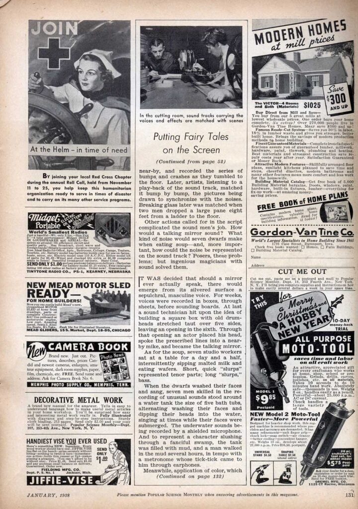 In the cutting room, sound tracks carrying the voices and effects are matched with scenes.